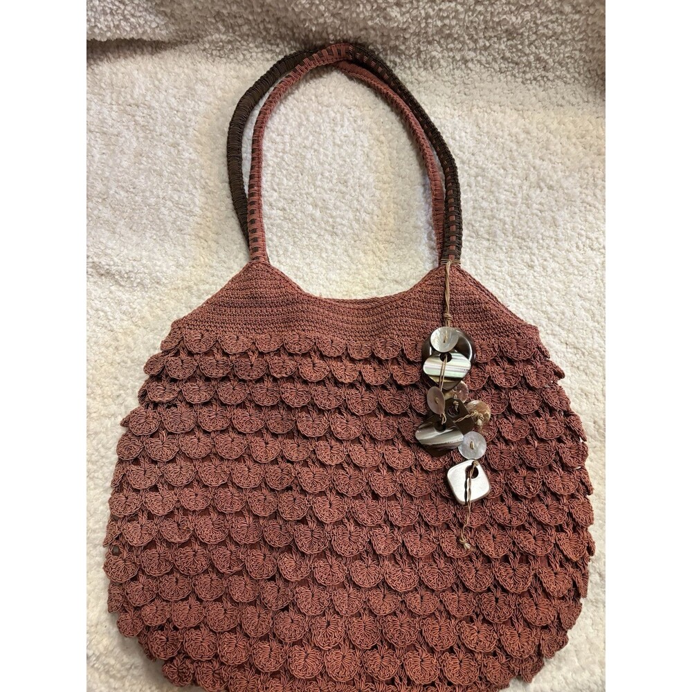 Stone Mountain Women Handbag Brown Rust Knit Crocheted Boho Purse Ornate Dangles